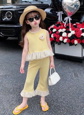女童小香风无袖套装2026夏新款儿童花边拼接背心九分喇叭裤两件套