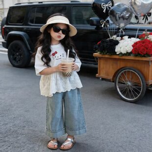 女童夏季套装2026新款韩版洋气女孩花边短袖牛仔九分阔腿裤两件套