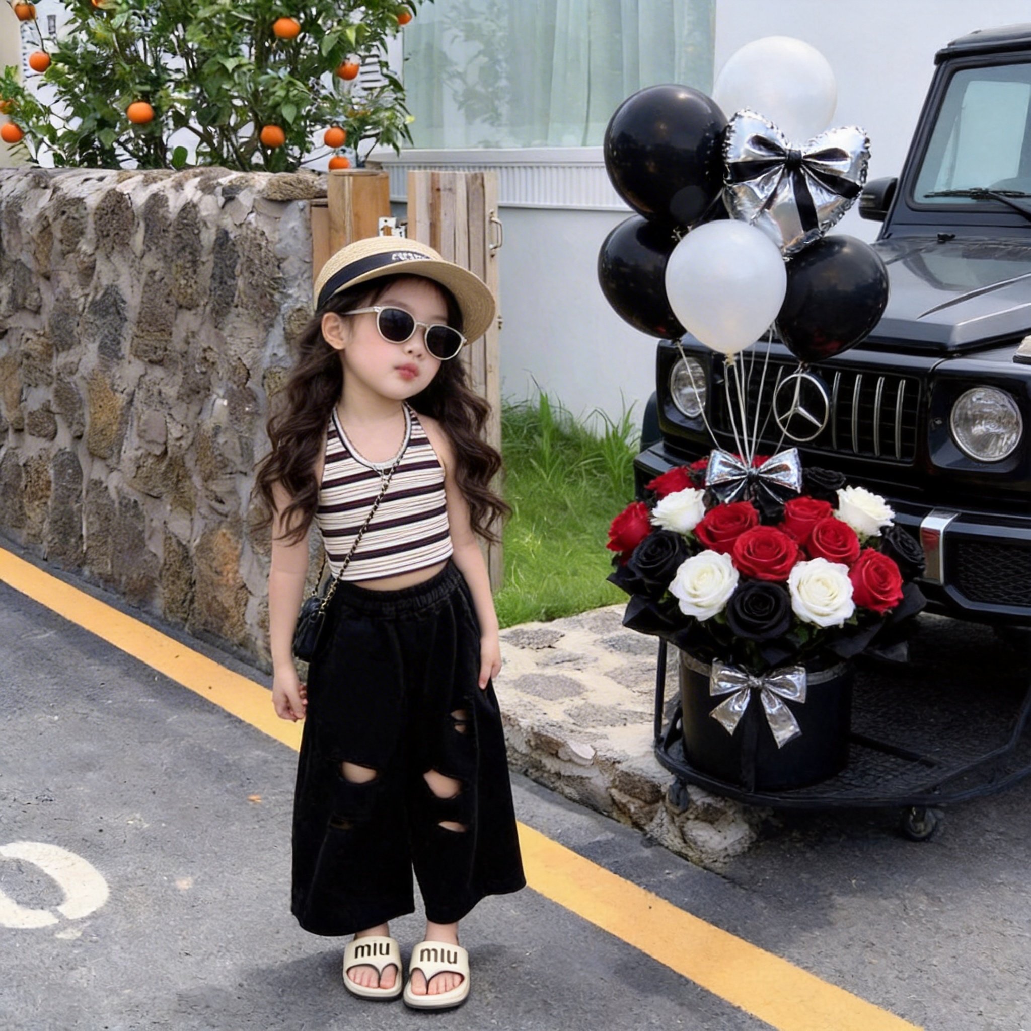 女童洋气套装2026夏季新款儿童条纹露背背心女宝宝破洞阔腿裤