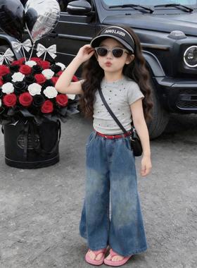 女童夏季新款洋气薄款阔腿九分牛仔裤2026女大童宽松显瘦学生裤子