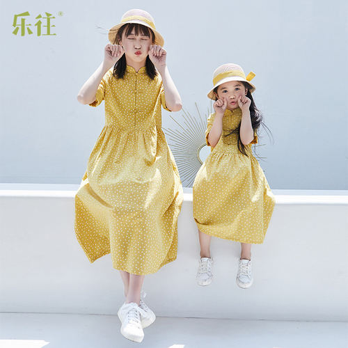印花盘扣纯棉文艺母女连衣裙春夏
