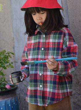 小乐往原创亲子装647 春秋红色棉格子长袖文艺休闲母女衬衫上衣
