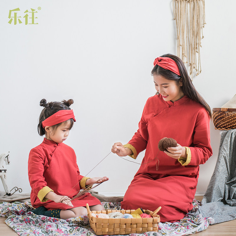 小乐往亲子装第493课 冬过年喜庆拜年服中式棉服亲子旗袍母女装