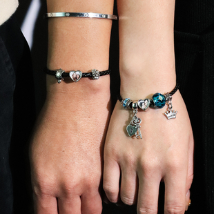 潘系列S925银时尚个性化定制DIY串珠子心形照片情侣款皮绳手链