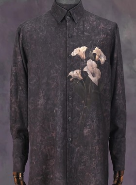 Le poète abandonné暮紫色油画花卉印花天丝长衬衫复古山本风