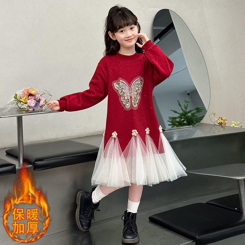 女大童秋冬加绒拜年服鱼尾连衣裙2025新款冬季洋气女孩卫衣连衣裙,女装/女士精品,真丝上装,淘宝优惠券,粉丝福利购,淘宝优惠卷