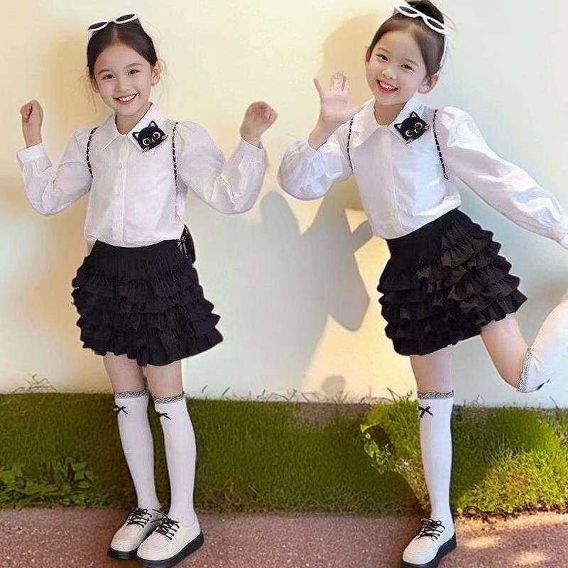 女童春秋长袖套装2025年款衣服儿童服装女孩韩版衬衫蛋糕裙两件套