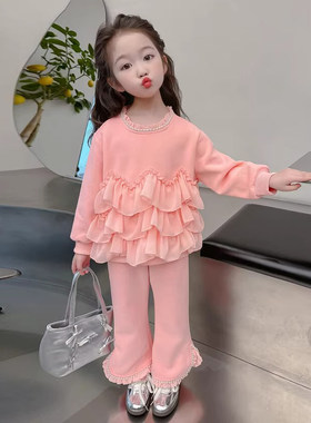 女童春秋季甜美套装小女孩时髦洋气荷叶边长袖上衣阔腿长裤两件套