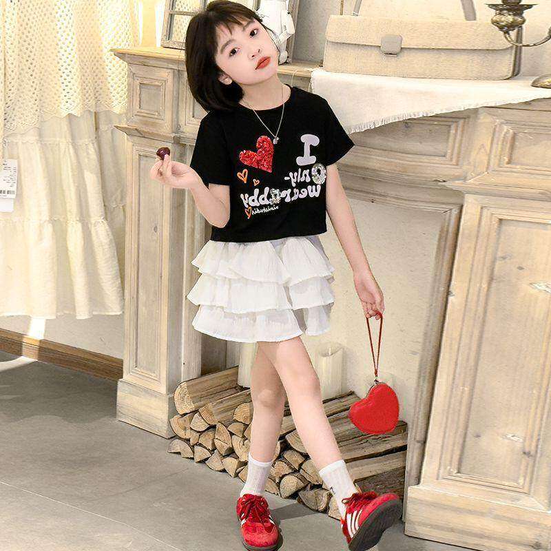 女童套装裙子夏季洋气中大童女孩亮片短袖T恤公主风蛋糕裙两件套