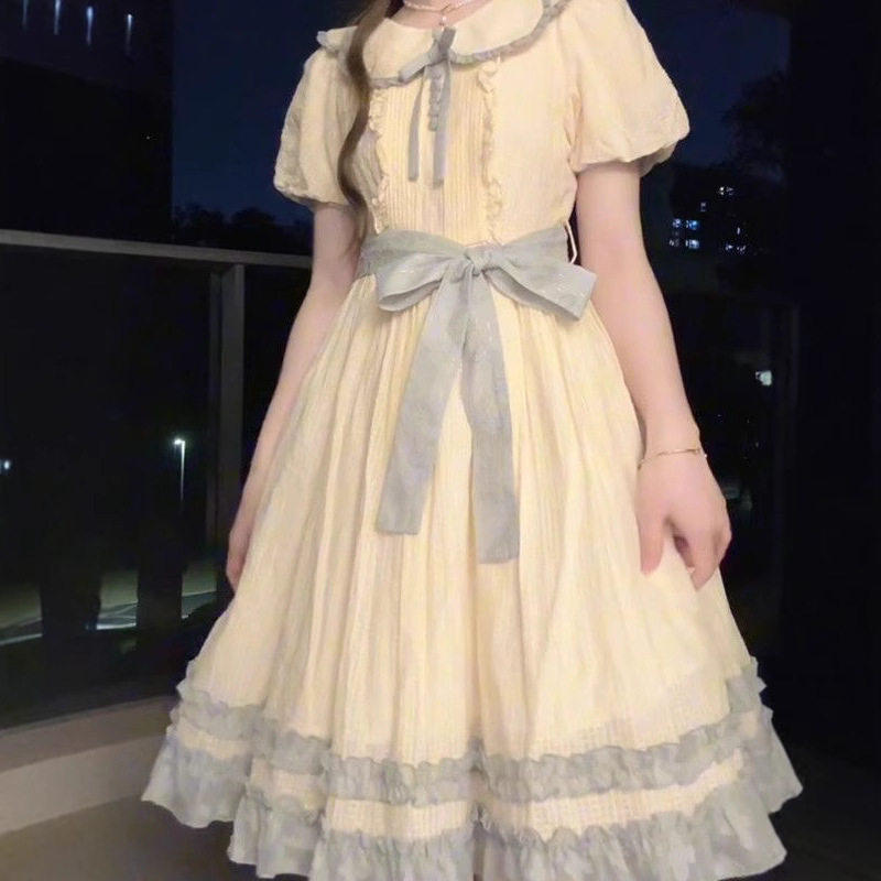 韩版女童田园风蝴蝶结连衣裙中大连衣裙