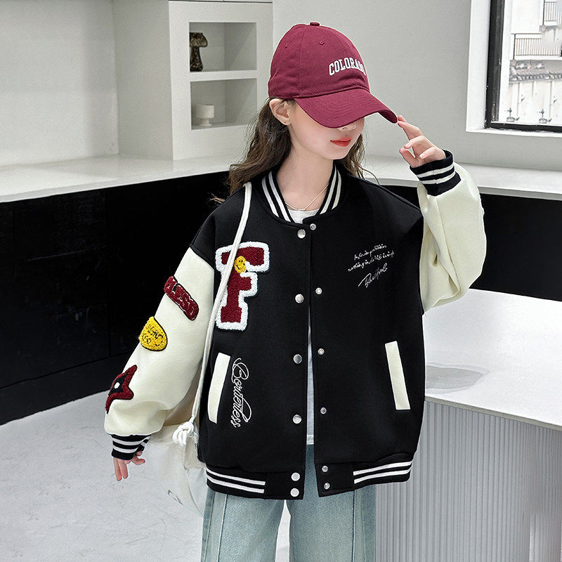 女童春秋季开衫校园风棒球服2025新款儿童洋气时尚刺绣条纹卫衣潮