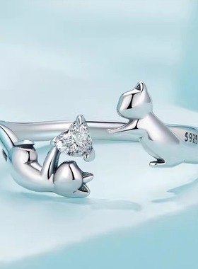 s925纯银爱心锆石镶钻小猫咪戒指女生简约通勤个性双猫开口食指环