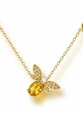 S925纯银黄水晶镶钻小蜜蜂吊坠项链女生可爱轻奢小动物锁骨链女