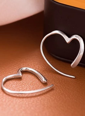 s999足银纯银光面爱心耳扣女生轻奢冷淡风极简约几何心形耳环耳钉