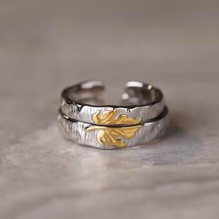 S925纯银金色枫叶相思双色戒指男女情侣对戒甜美素圈树叶食指环女