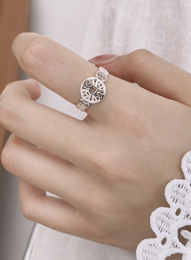 s925纯银镂空铜钱币戒指女生