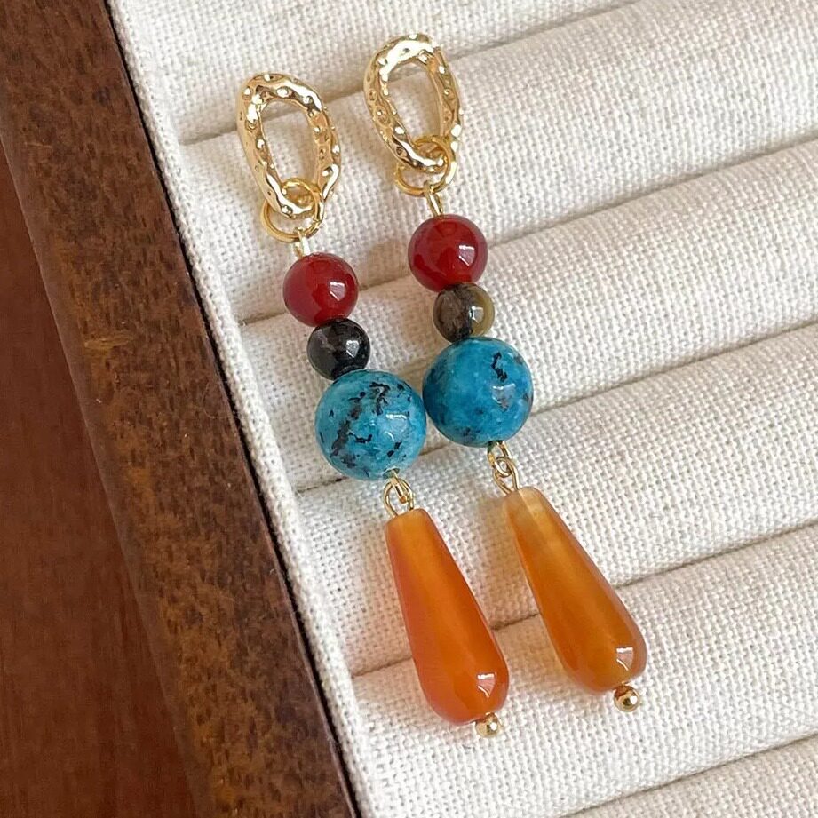 高档轻奢红玛瑙长款水滴流苏耳环女生复古设计玉石头圆珠几何耳坠