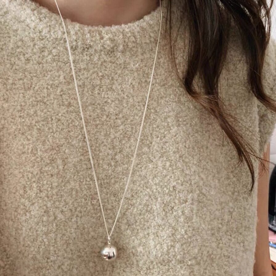S925纯银光面圆球圆珠项链女生简约长款可调节素银毛衣链锁骨链女