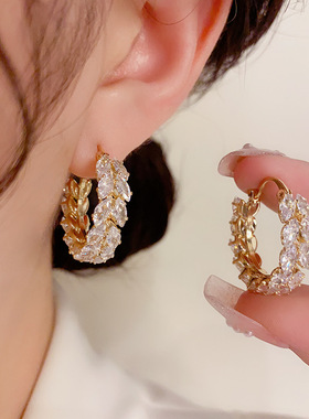 高档轻奢锆石镶钻排钻麦穗耳环女生法式高级小众甜美几何耳扣耳饰