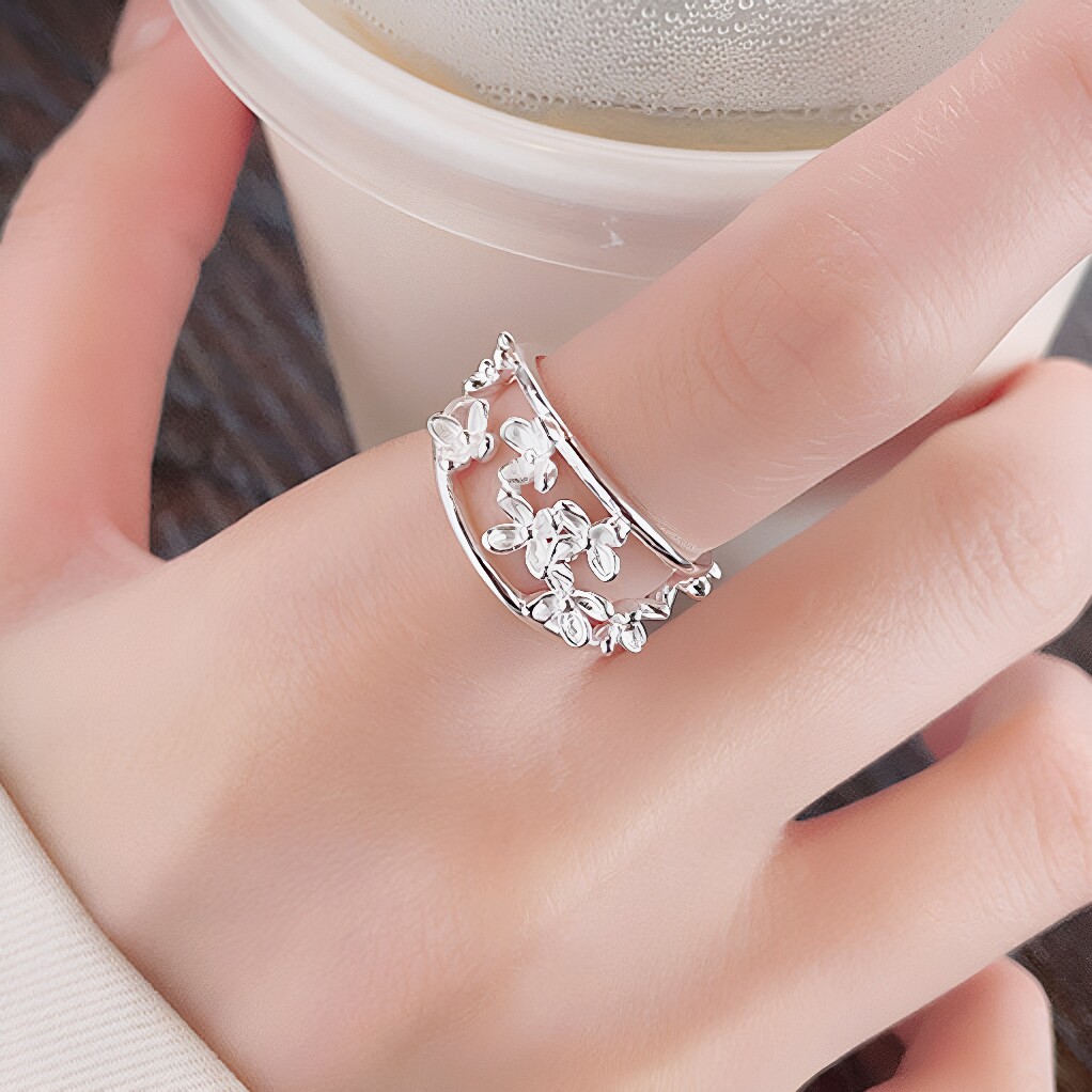 S925纯银镂空桂花素银戒指女生