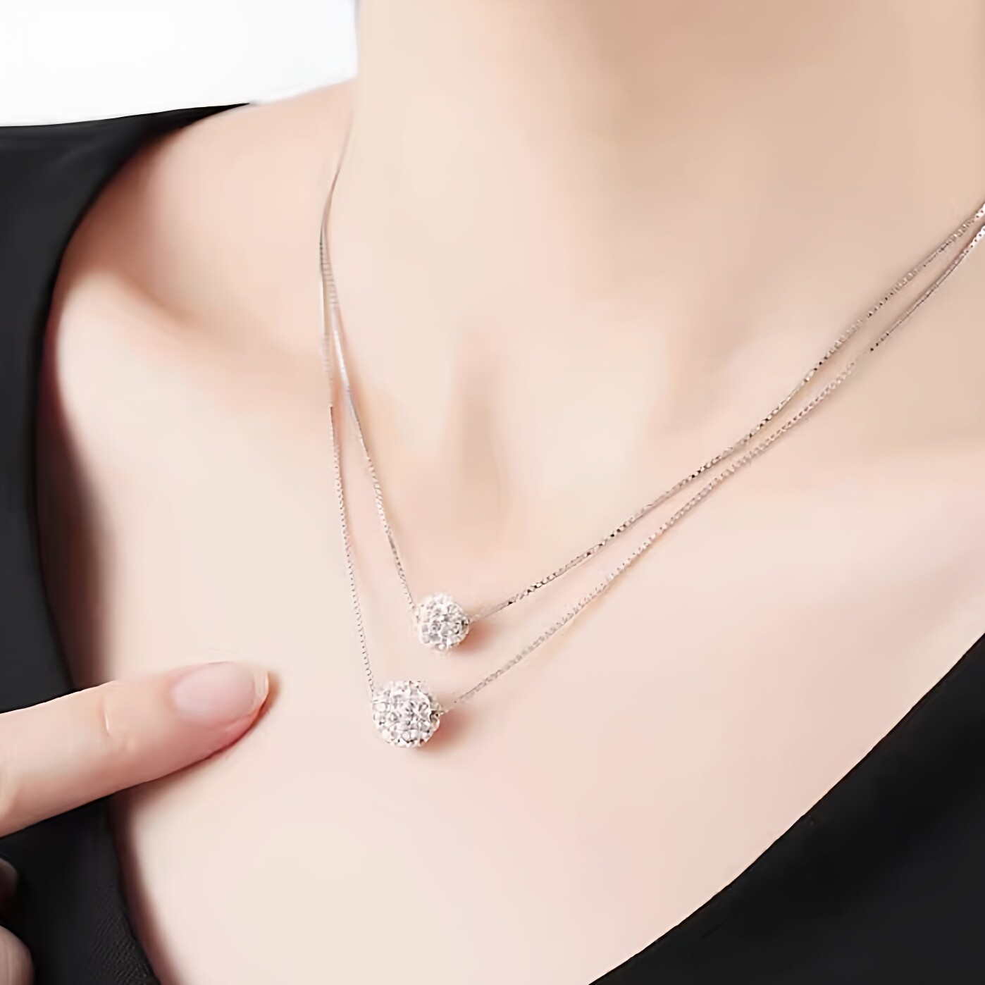 S925纯银满钻香巴拉圆珠双层项链女生极简通勤转运珠吊坠锁骨链女