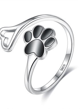 s925纯银素圈爱心形猫爪印戒指女生简约通勤可爱小动物开口食指环