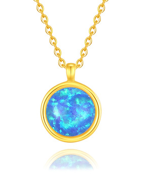 S925纯银蓝色欧泊石圆形项链女