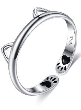 s925纯银猫耳朵猫爪印戒指女生简约通勤可爱小动物开口食指环尾戒
