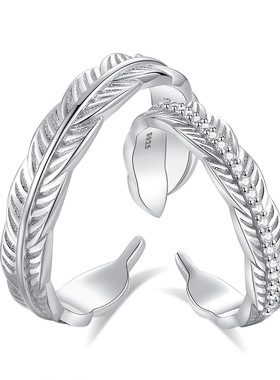 S925纯银锆石镶钻天使羽毛戒指男女生情侣对戒个性羽你相伴食指环
