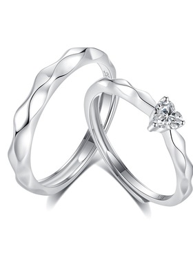 S925纯银锆石小爱心菱形光面戒指男女生情侣对戒甜美开口食指环