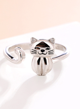 S925纯银可爱小猫咪素圈戒指女生甜美轻奢招财猫猫食指环尾戒女