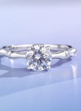 S925纯银一克拉圆形莫桑钻竹节戒指女生欧美轻奢仿真钻食指环尾戒