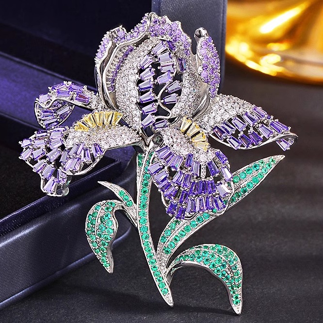 高档轻奢紫色锆石镶钻邂逅鸢尾花朵胸针女生优雅气质大衣胸花领针