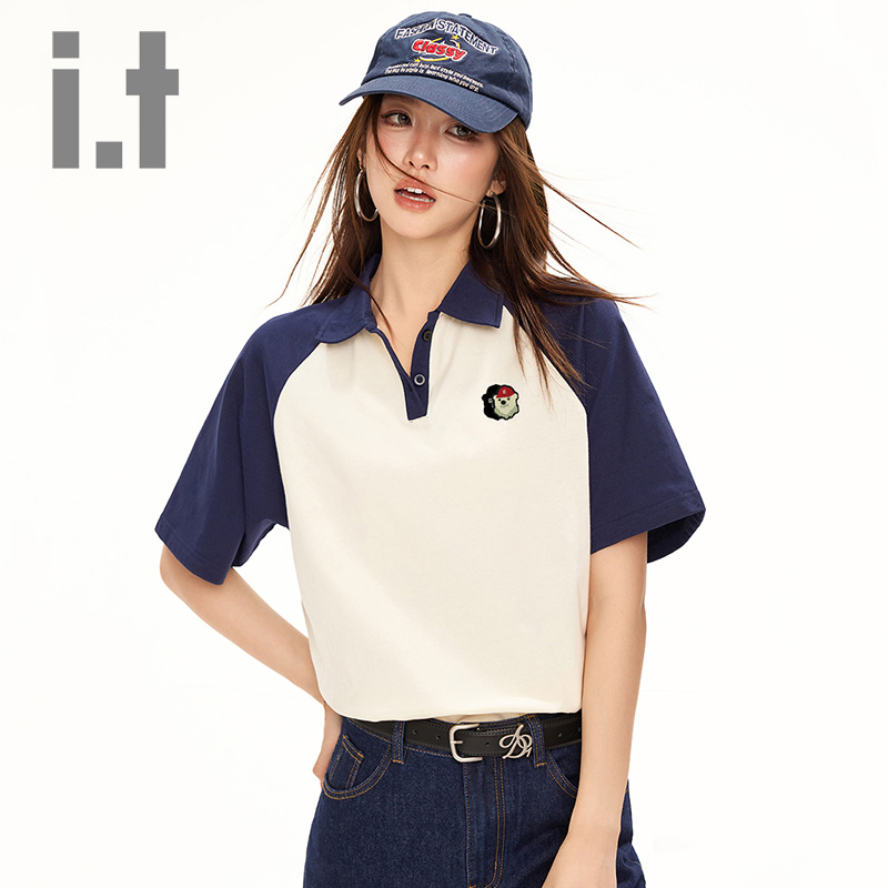 撞色拼接翻领短袖T恤女