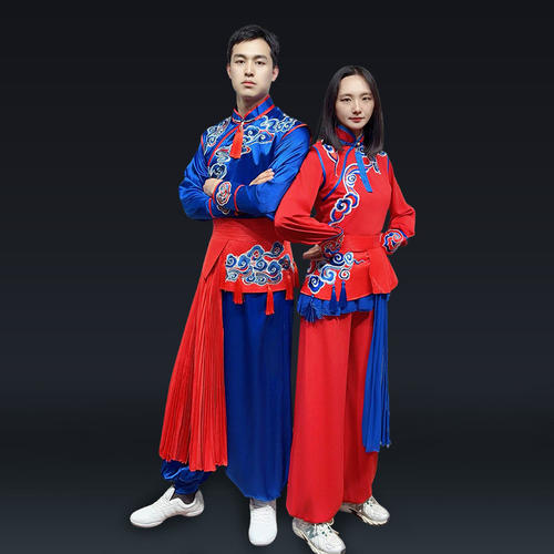 出租英歌古典红蓝刺绣中式舞蹈服武术专业练功表演男女套装租赁