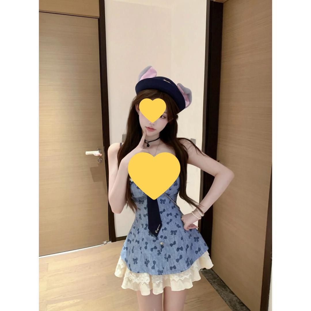 夏季新款高级感甜美辣妹修身显瘦小众连衣裙复古气质领带印花短裙
