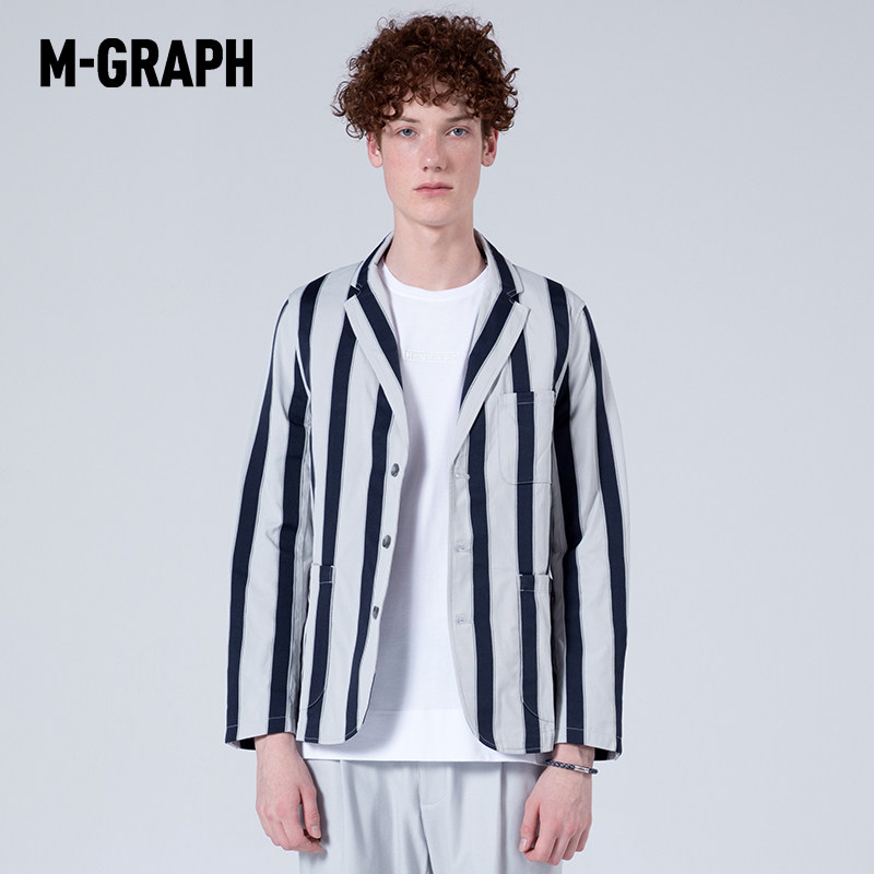 M-GRAPH卓卡潮牌男春装海军风竖条纹修身休闲西装外套西服男情侣