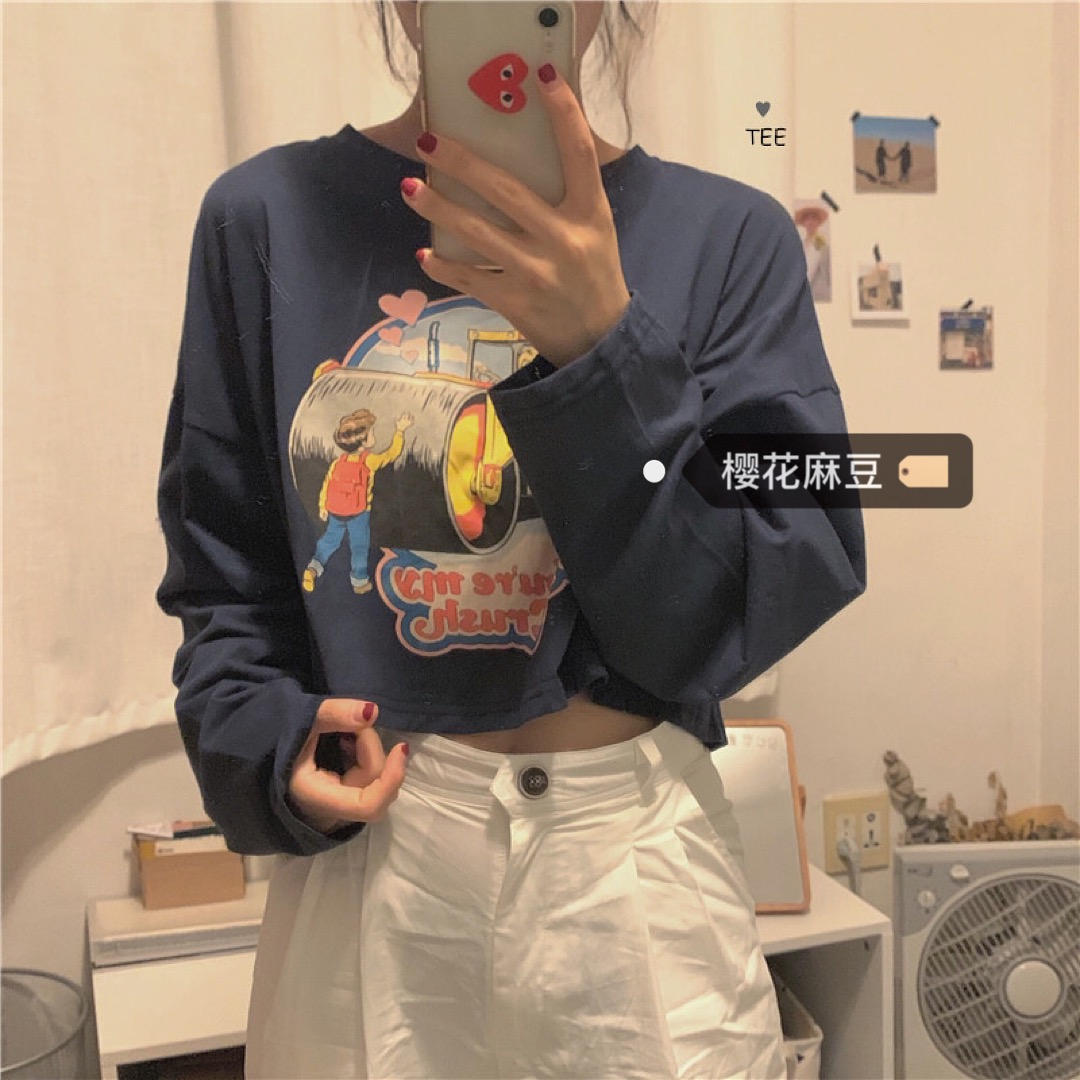 券后39.00元樱花麻豆韩风chic少女感满满 可爱图案印花慵懒风宽松长袖短款T恤