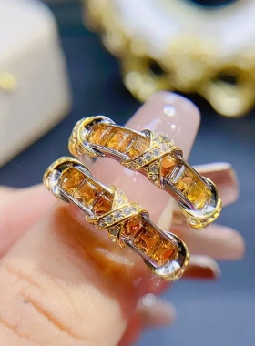 日韩天然黄水晶戒指925银女士活口3*3mm一手定制款石榴石透辉石