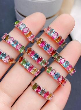 925银镶嵌天然碧玺戒指女士活口晶体干净糖果色