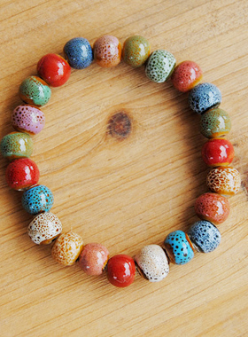 小圆陶瓷花釉手链五彩火山石瓷珠全珠手串情侣礼品义乌饰品