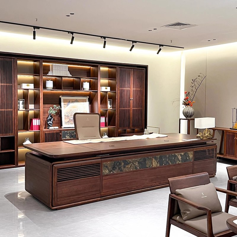 新中式实木办公桌岩板老2