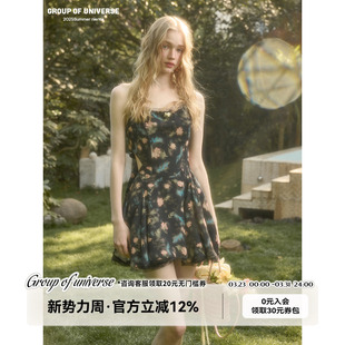 蕾丝蝴蝶结「度假小黑裙」法式 法式 印花连衣裙女 青苹果 银河万岁