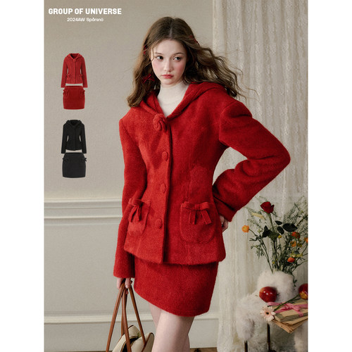 银河万岁“圣诞奇迹”浆果的颜色毛茸茸蝴蝶结「外套和半裙套装」