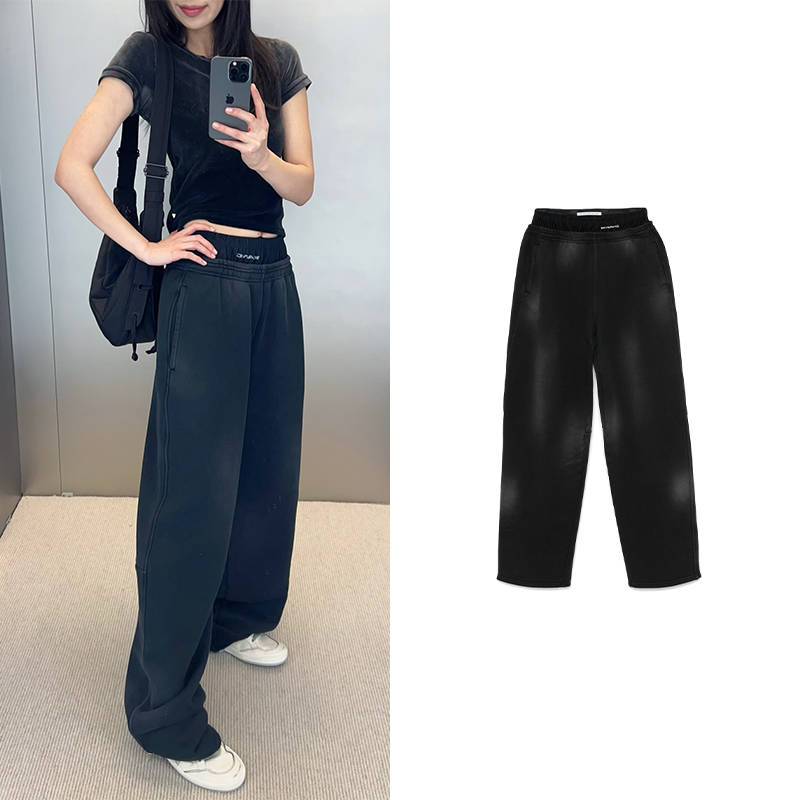 英国现货 Alexander Wang 黑色做旧双腰头厚款休闲运动裤 25早春