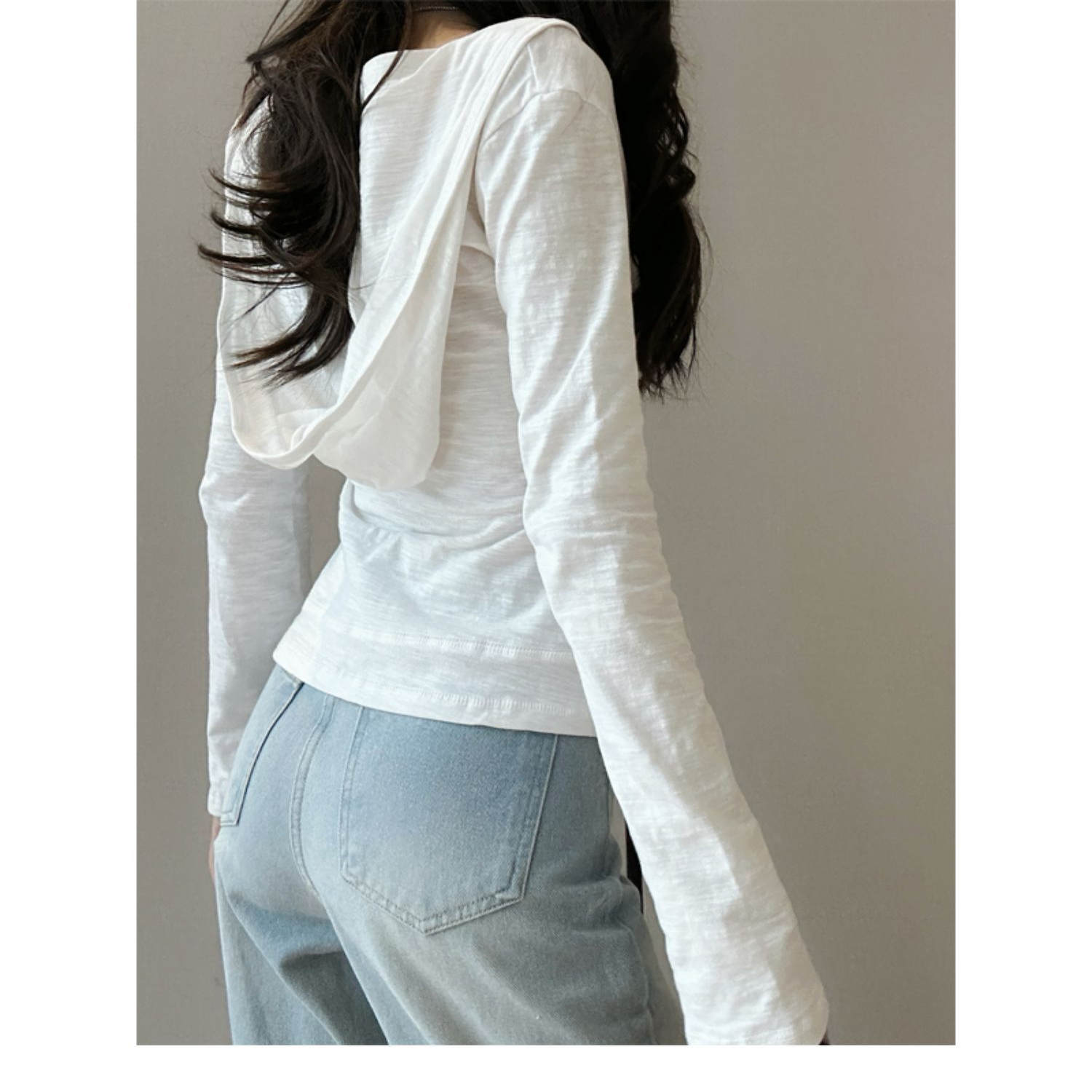 白色v领长袖T恤防晒衫女美式辣妹拉链连帽开衫设计感口袋外套上衣