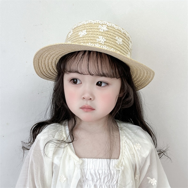 夏季儿童大沿帽子女孩草帽户外沙滩渔夫帽宽帽檐女童公主盆帽遮阳