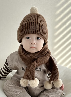 宝宝帽子围巾秋冬季婴儿两件套装保暖针织帽0-1-2到3岁儿童毛线帽