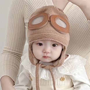 冬季婴儿帽子针织帽下雪天外出男女宝宝保暖帽飞行眼镜儿童护耳帽