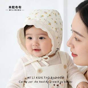 婴儿帽子春秋季小碎花护耳帽甜美女孩公主帽小月龄女宝花边宫廷帽
